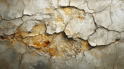 Fototapeta premium Cracked white gray orange plaster texture. Weathered rustic surface split. Peeling layers fissure rust. Aged concrete pattern glow. Distressed industrial backdrop design