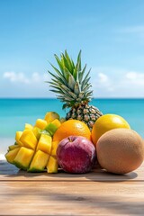 Tropical fruit placed on a wooden table by the ocean