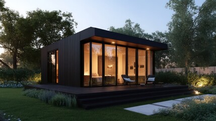Modern black tiny house, evening setting, garden, relaxation