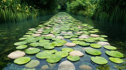 Serene Waterway with Green Lily Pads and Stones