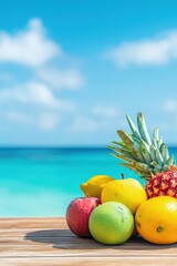Tropical fruit placed on a wooden table by the ocean