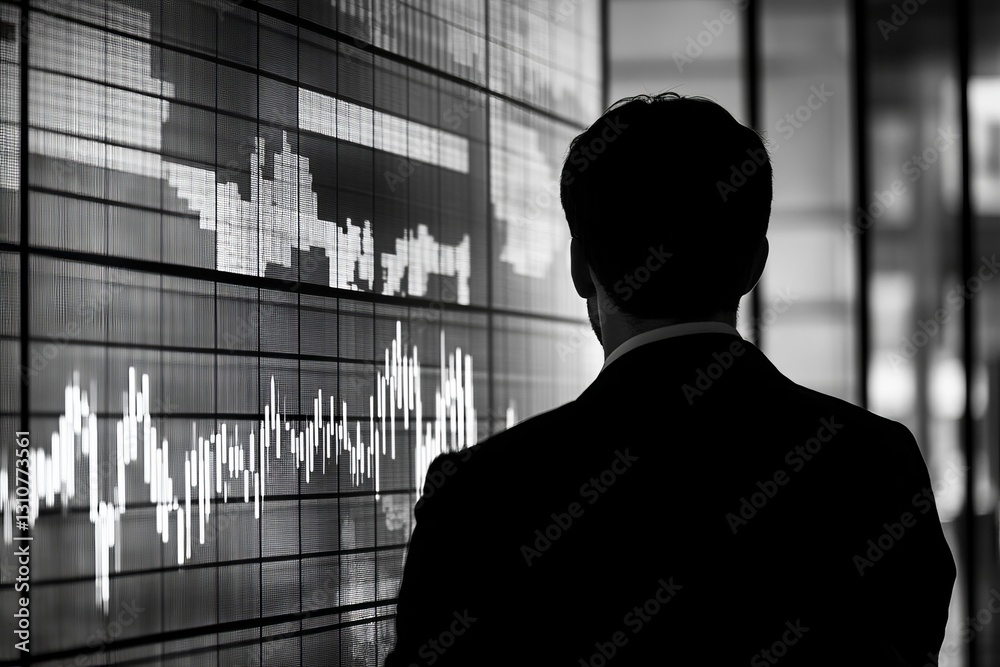 Poster a man is looking at a computer screen with a lot of numbers and graphs