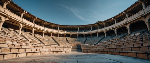 Open air theater with tiered stone seating under a clear sky
