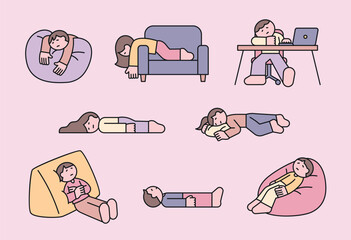 Cute illustration of tired and exhausted people in various resting poses, depicting laziness, fatigue, and relaxation. Simple and modern design.