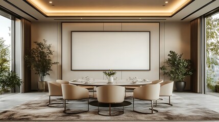 An empty vertical rectangle frame mockup, placed on the wall of a modern dining room with a round table and chairs, white walls, a light brown carpet floor, 
