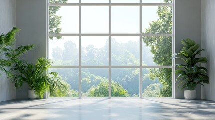 Bright Modern Interior with Large Window and Lush Green Plants