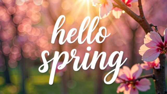hello spring animation greeting card, blossom apple tree on nature spring background