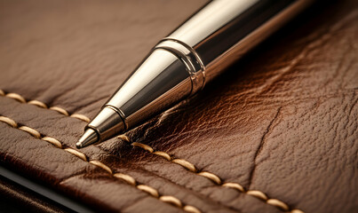 Close-up of a ballpoint pen on brown leather