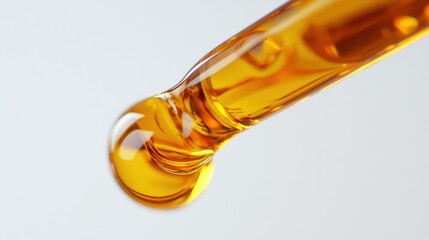 Fototapeta premium Close-up View of Amber Liquid Droplet from Glass Pipette