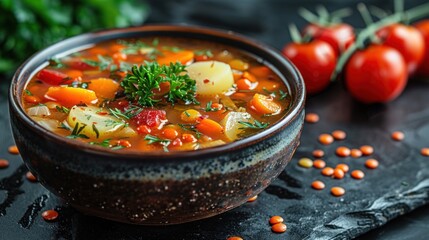 Hearty lentil soup in a bowl, with fresh vegetables, on a dark background