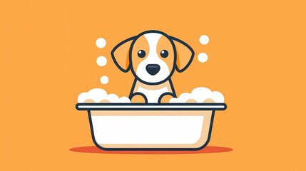 cute cartoon dog is taking bath in tub filled with bubbles against orange background