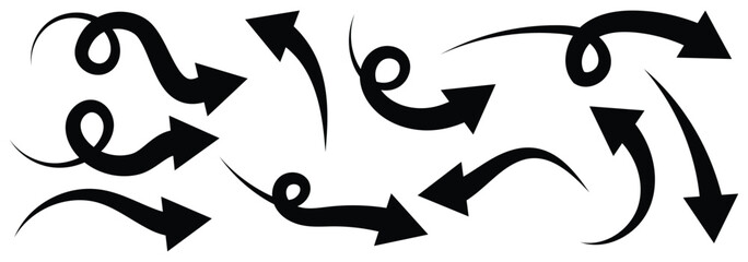 Black arrows set. Curved arrows. Hand drawn vector arrows doodle set on white background. Set of simple lines hand drawn black arrows. 