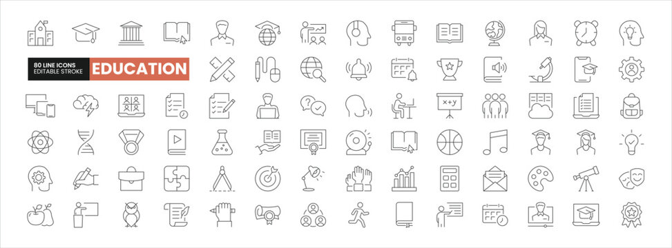 Set of 80 Education line icons set. Education outline icons with editable stroke collection. Includes E-Learning, University, Teacher, Audio Book, Graduation and More.