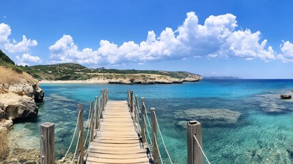 Fototapeta premium Wooden pier extends towards a bright ocean on a summer day