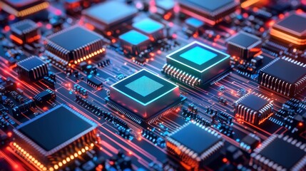 Obraz premium Colorful Circuit Board with Microchips and Glowing Lights