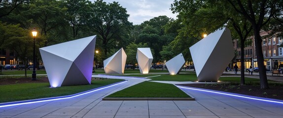 Public park with geometric sculptures and LED lit pathways