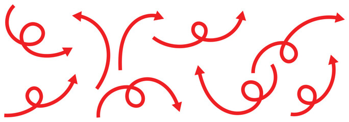 A collection curved arrow icons designs. Curved arrows. Arrow sign. Curly red arrow icons set. Vector illustration.
