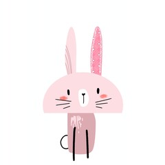 Cute pink rabbit drawing for prints. rabbit is sitting isolated. bunny for element poster easter design