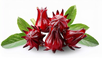 fresh roselle fruits with leaves isolated on transparent background
