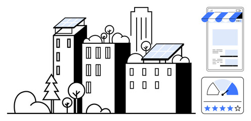 Modern cityscape with solar-paneled rooftops, green trees, and store rating widgets suggesting clean energy and efficient business strategy. Ideal for urban planning, energy efficiency