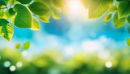 Naklejka premium blurred bokeh portrait background of fresh green spring summer foliage of tree leaves with blue sky and sun flare illustration