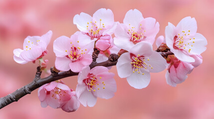 Obraz premium Delicate pink cherry blossoms on branch against soft pink background, showcasing nature beauty