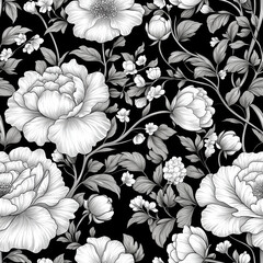 Elegant greyscale floral pattern with swirling vines and blossoms on black background, creating sophisticated and timeless design