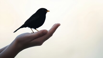 Fototapeta premium A silhouette of a small black bird perched on an outstretched hand against a soft, light background, symbolizing connection and nature.