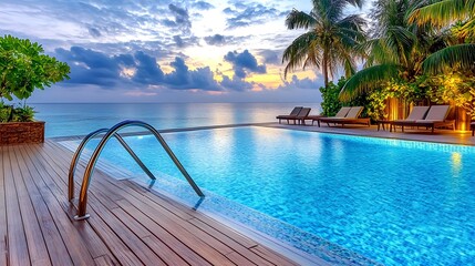 Fototapeta premium Luxury Resort Pool Sunset Ocean View - Travel and Vacation