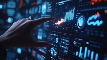 Obraz premium Businessman pointing at rising graph on interactive digital display, analyzing financial data, stock market trends, and key performance indicators on a futuristic touchscreen interface