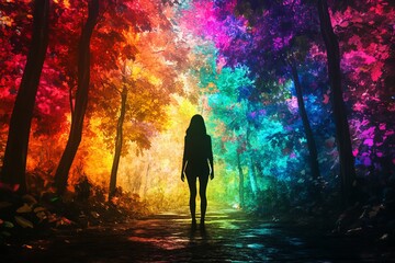 Fototapeta premium Vibrant Abstract Forest with Silhouette of Woman in Colorful Nature