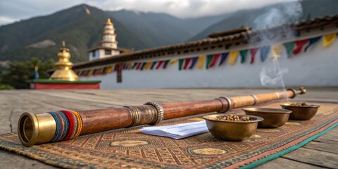 Traditional musical instrument displayed outdoors with ceremonial offerings on a wooden platform