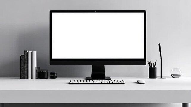 Modern workspace with computer, keyboard, mouse and accessories