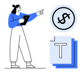 Woman holding clipboard and pointing at dollar sign icon next to stacked documents. Ideal for finance, planning, business, education, analytics, strategy, economics. Flat simple metaphor