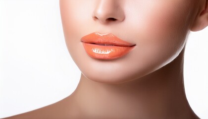 Obraz premium a womanrs lips wearing a soft coral lipstick with a natural gloss isolated on white background