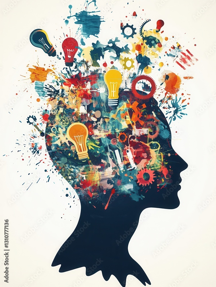 Poster Creative brain filled with innovative symbols showcasing imagination and artistic expression in vibrant colors
