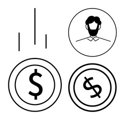 Bar chart, user profile in circle, two dollar signs in outlined circles. Ideal for finance, economics, user analytics, income, wealth management, business strategies flat simple metaphor