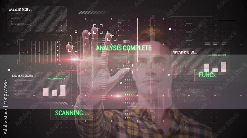 Poster interacting with animation, man using futuristic digital interface displaying data analysis