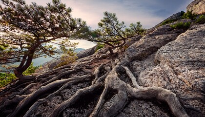 tree roots sprouting through rocky mountain surface close up