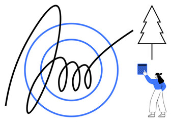 Black signature over blue spirals, minimalist tree outline, and figure with calendar. Ideal for creativity, time management, environment, simplicity, planning, minimalism flat simple metaphor