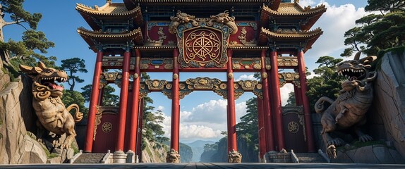 Towering gates with intricate carvings of legendary beasts and symbols