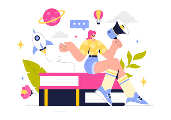 Storytelling Vector Illustration featuring Conveying a Story Through Various Media from Reading Books to Copywriters Creating Content for Social Media