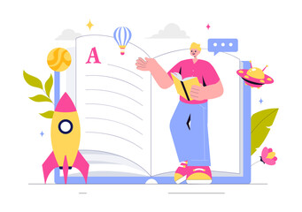 Storytelling Vector Illustration featuring Conveying a Story Through Various Media from Reading Books to Copywriters Creating Content for Social Media