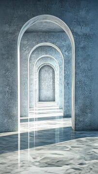Serene interior with multiple arches reflecting light on polished marble floor, creating depth