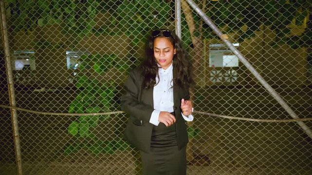 Girl in suit dancing near chain link barrier at night