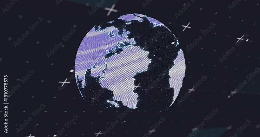 Poster animation of rotating digital globe with grid lines on dark background