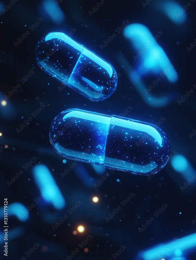Aufkleber Glowing capsules float in a dark environment, showcasing a digital futuristic theme with an abstract medical design