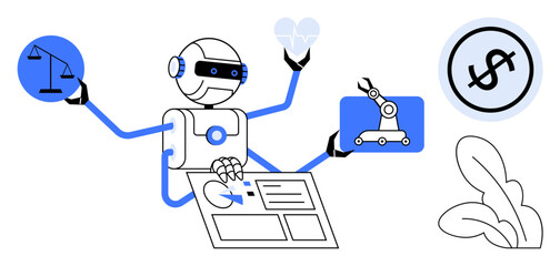 Robot equipped with four hands holds scales, heart, robotic arm, and finance icon while working on a tablet. Ideal for technology, AI applications, multitasking, automation, robotics innovation