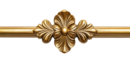 Horizontal golden decorative bar with a flower in the center isolated on a transparent background
