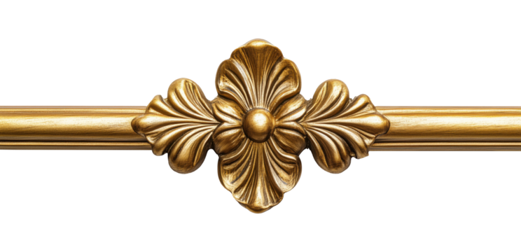 Horizontal golden decorative bar with a flower in the center isolated on a transparent background